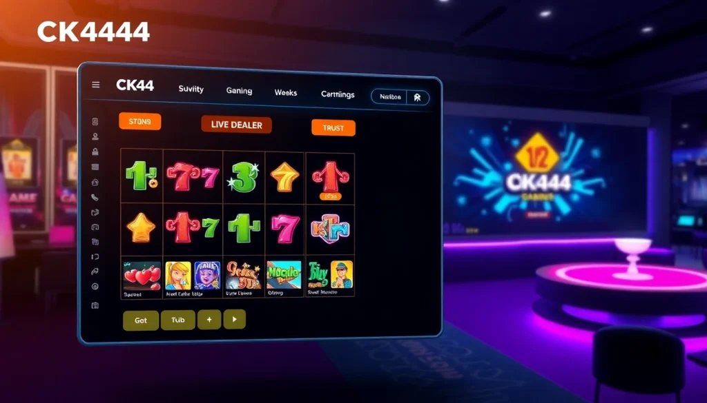 CK 444 branding enhances an engaging online gaming interface with vibrant slots and live dealer scenes, inviting players to join.