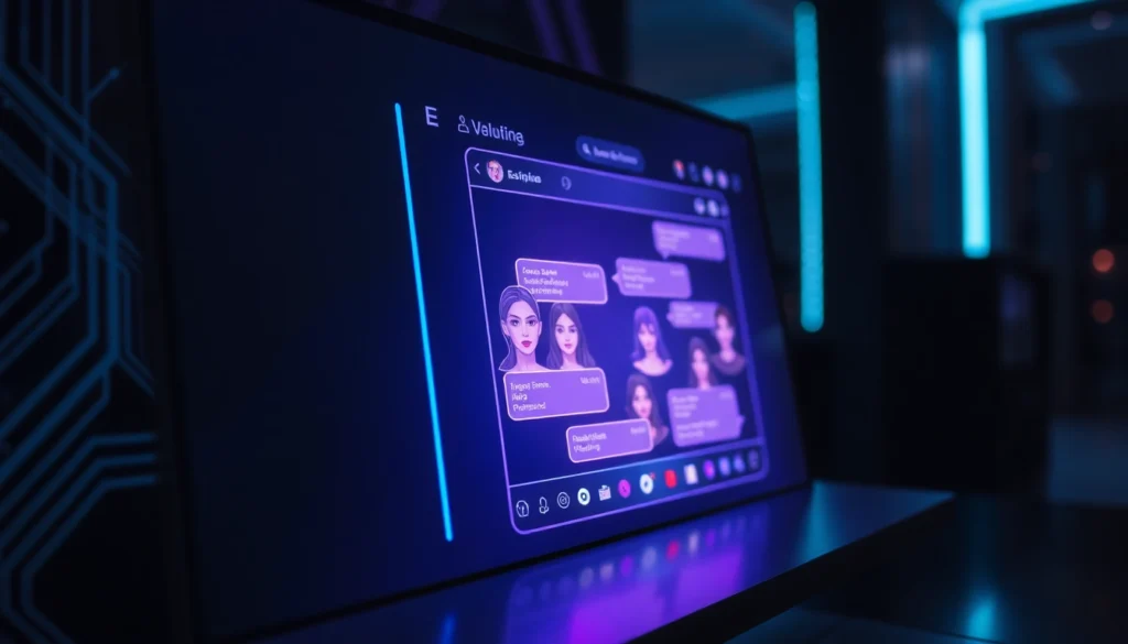 Futuristic AI chat interface on a high-tech screen with glowing accents and suggestive avatars, creating an intimate, modern atmosphere.