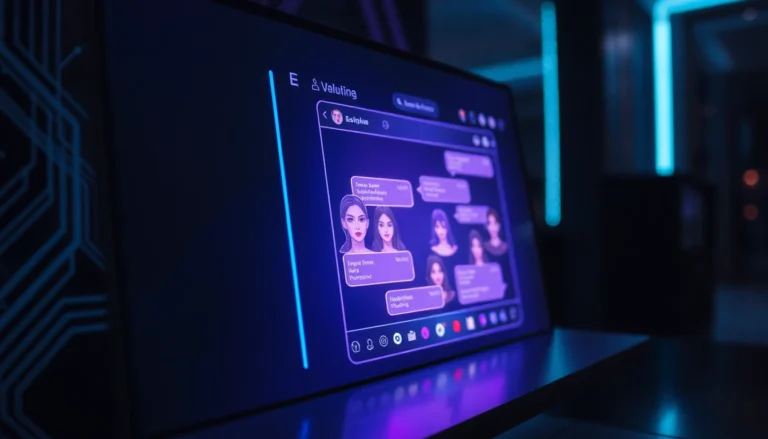 Futuristic AI chat interface on a high-tech screen with glowing accents and suggestive avatars, creating an intimate, modern atmosphere.