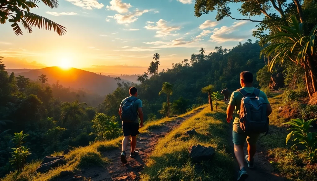 Trekking adventure in Indonesia: hikers navigating lush, rugged jungle trails with backpacks and trekking poles.