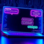 Futuristic AI chat interface with neon colors and holographic text bubbles representing NSFW interactions.