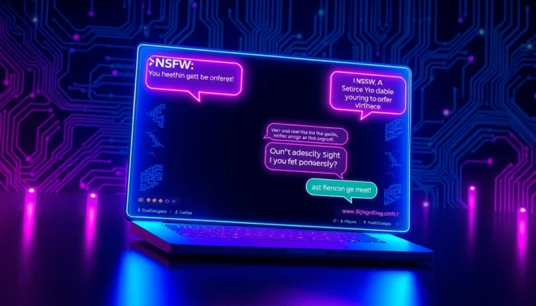 Futuristic AI chat interface with neon colors and holographic text bubbles representing NSFW interactions.