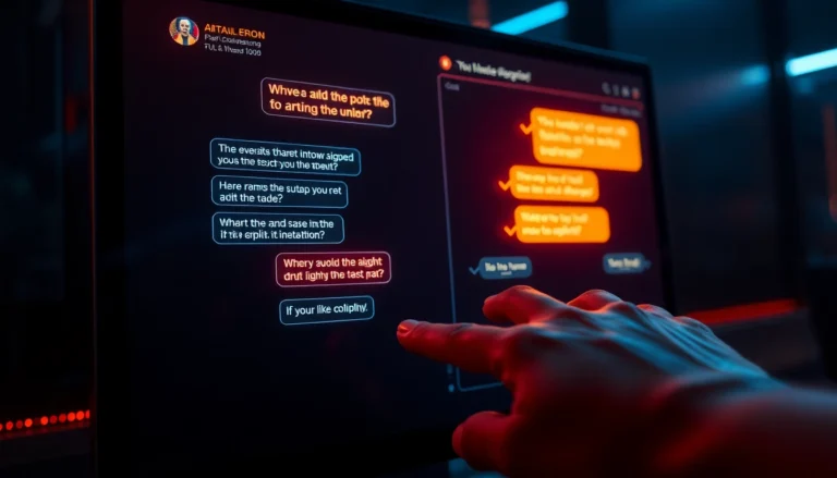 Close-up of a digital AI chat interface with suggestive text bubbles in neon colors against a dark background.