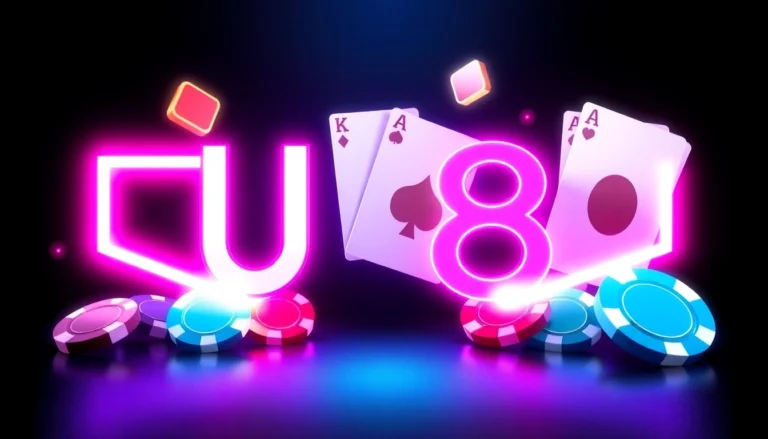 Online casino platform featuring UU 88 branding with vibrant neon lights, chips, and card graphics highlighting safe gaming.