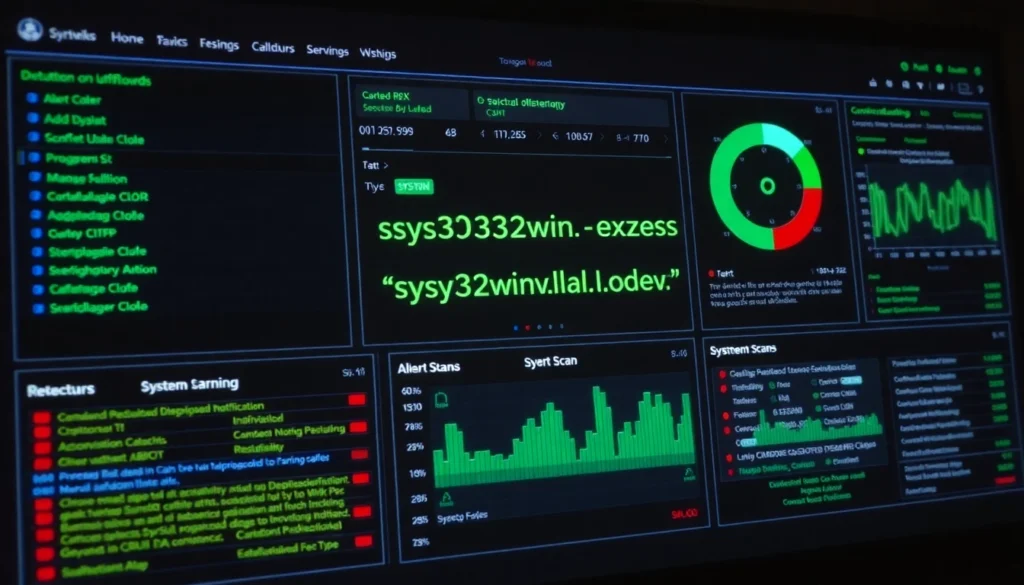 An illustration depicting cybersecurity monitoring of https://sys32win.com/ detecting malware like sys32win.exe with alert icons and system analysis visuals, emphasizing threat detection on Windows systems.