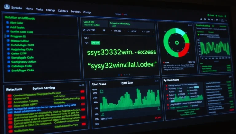 An illustration depicting cybersecurity monitoring of https://sys32win.com/ detecting malware like sys32win.exe with alert icons and system analysis visuals, emphasizing threat detection on Windows systems.