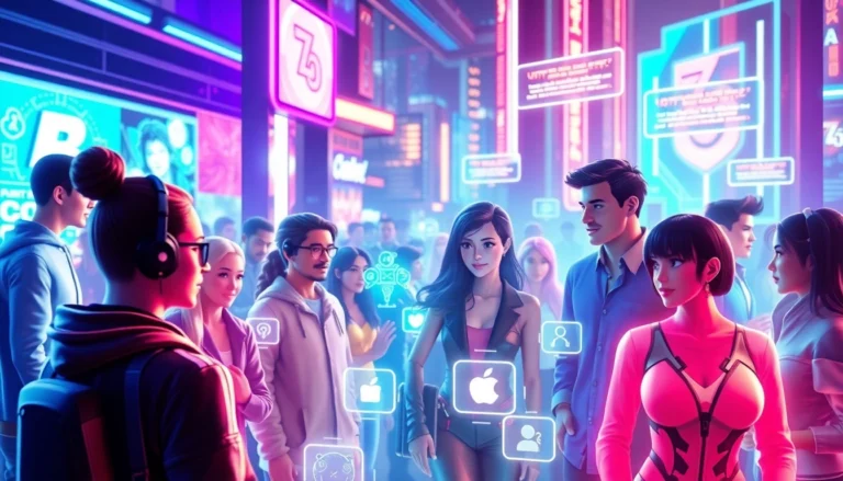 Futuristic virtual social media scene with avatars and holographic interactions in a neon-lit digital environment.
