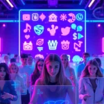 A digital illustration of a futuristic social media environment with avatars and holographic interfaces in neon colors.