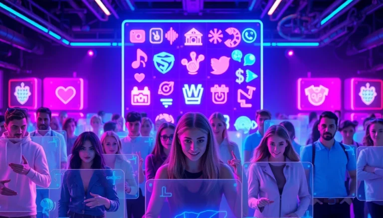 A digital illustration of a futuristic social media environment with avatars and holographic interfaces in neon colors.