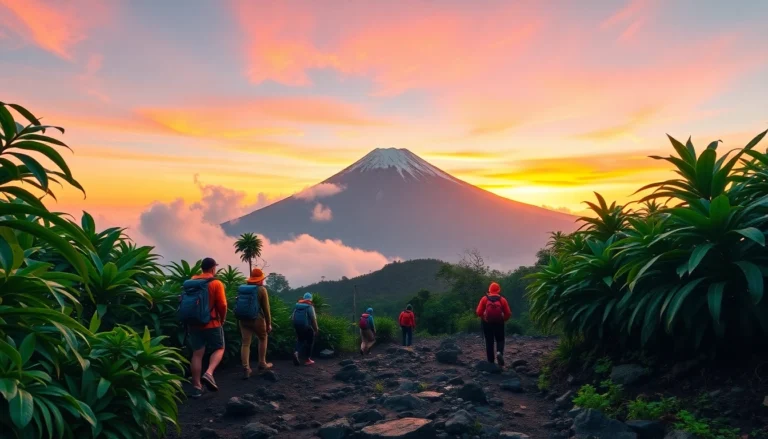 Hikers ascending Mount Rinjani at sunrise with lush jungle and mountain peak in the background.