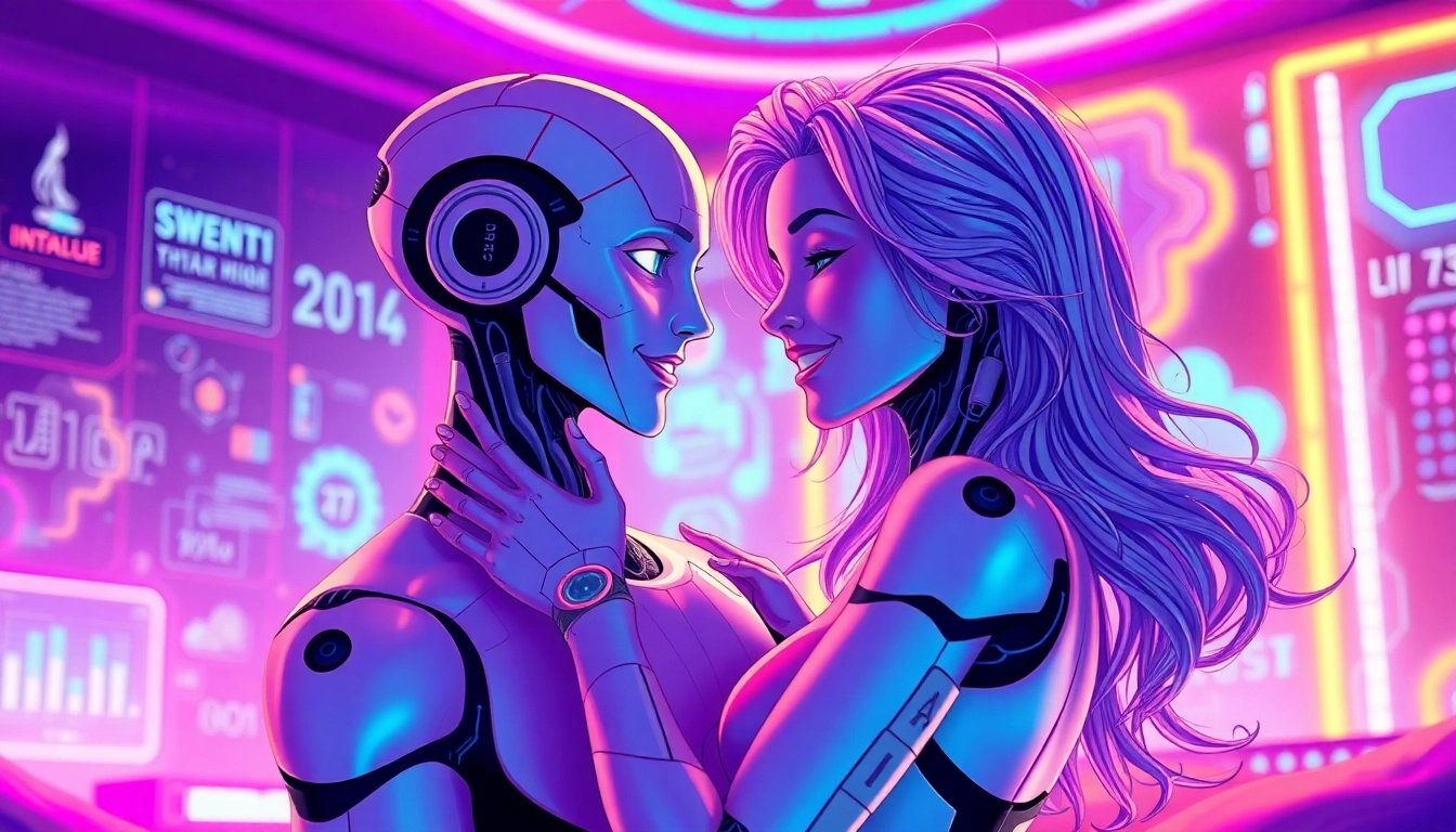 Futuristic AI character in a neon-lit cyberpunk room, emphasizing intimacy and expression.