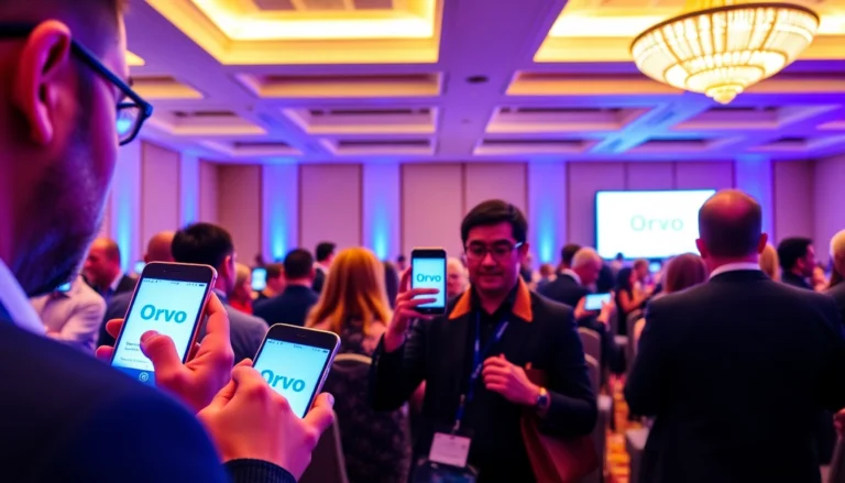 Attendees at a conference actively using Orvo, the best app for conference attendees, for networking and schedule management during an event.