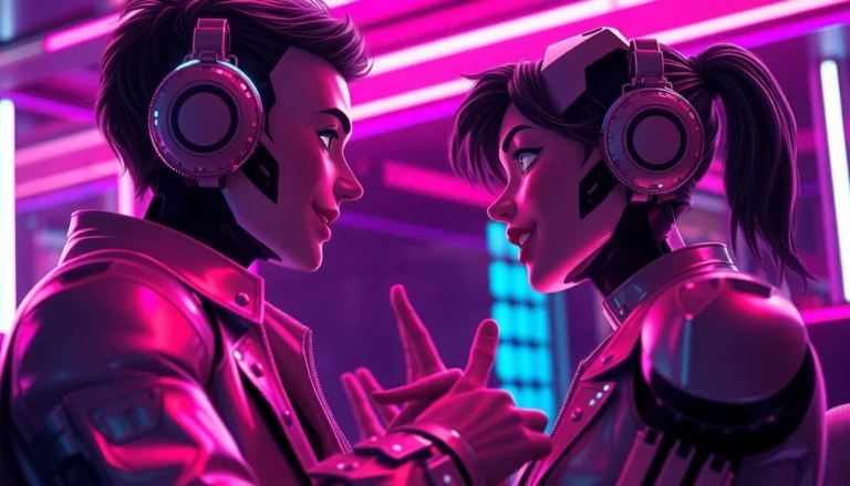 Futuristic scene of two AI characters engaging in an emotionally expressive interaction with neon lighting and detailed textures.