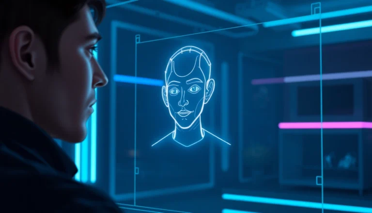 Futuristic AI interaction scene with holographic avatar and user in a high-tech environment