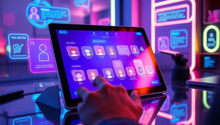 Futuristic digital interface with customizable AI chat characters on a neon-lit screen in a high-tech workspace.