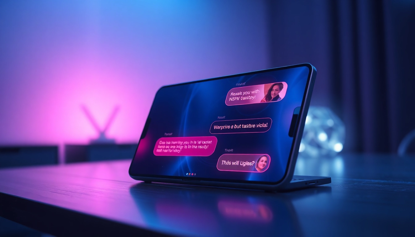 Futuristic AI chat interface with suggestive visuals and glowing holographic elements in a dimly lit room.