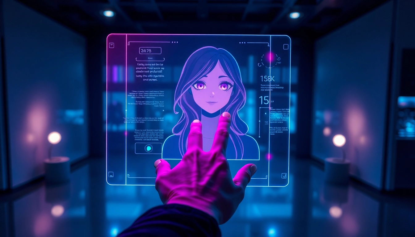 An advanced holographic AI interface with a customizable anime-style female avatar in a dark, modern room with neon lighting.