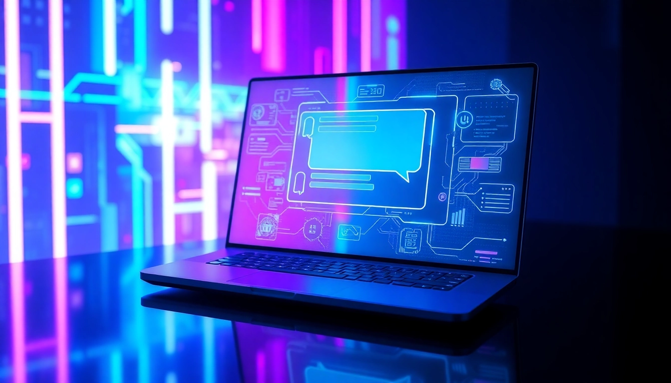 Futuristic AI chatbot interface with holographic chat window in cyberpunk setting