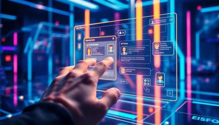 Close-up of a user interacting with a futuristic AI chatbot interface on a holographic screen, with vibrant colors and glowing elements.