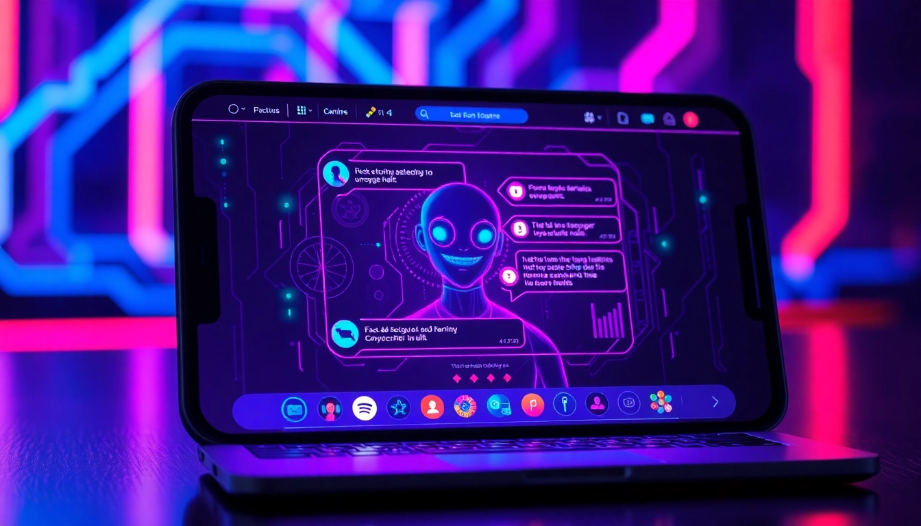 Futuristic digital interface showcasing a customizable AI character on a modern device screen with vibrant neon colors and cyber-themed background.