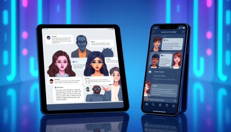 Futuristic chatbot interface on tablet and smartphone showcasing customizable AI characters in a sleek, modern design.