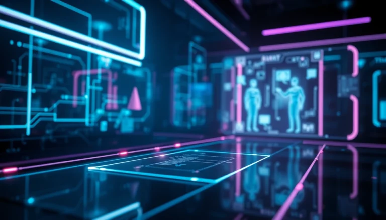 Futuristic digital interface with holographic AI characters in a neon-lit cyber environment.