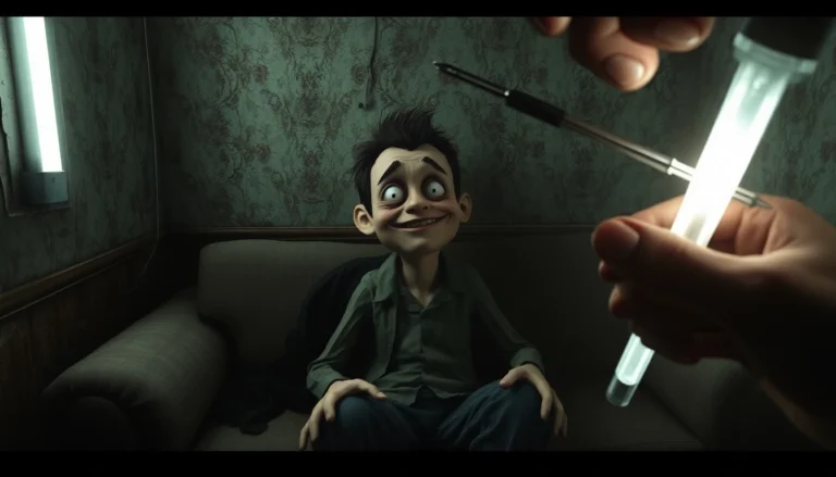 A distressed cheerful character named Harvey with a forced smile, sitting in a grimy room, surrounded by dark shadows and ominous tools of violence, illustrating a moral dilemma scene.