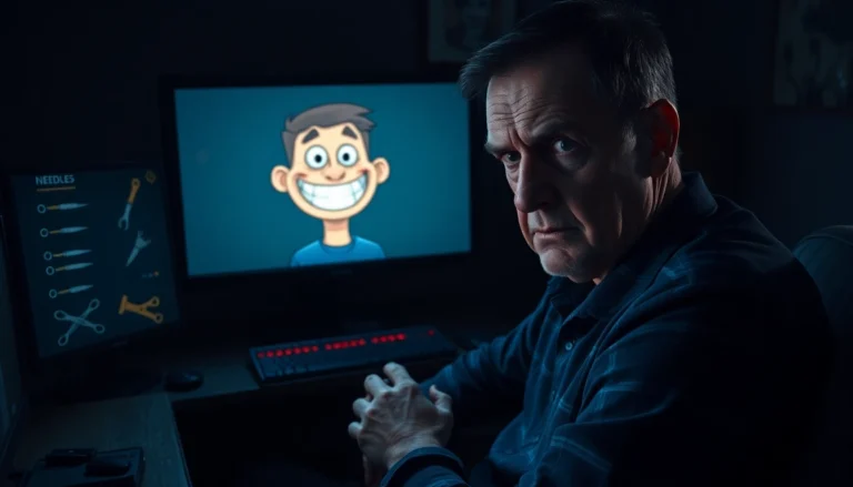 A distressed man facing a computer screen with a cheerful character and violent tools displayed.