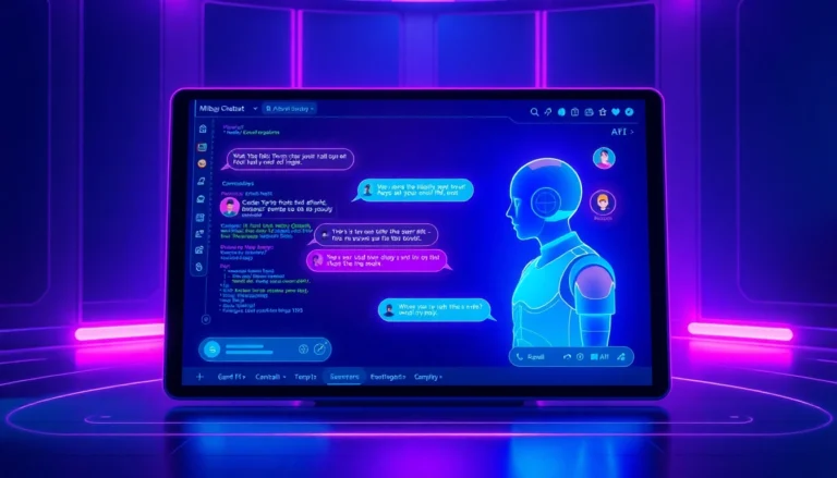 An illustration of a futuristic AI chatbot interface with neon colors and digital conversation elements.
