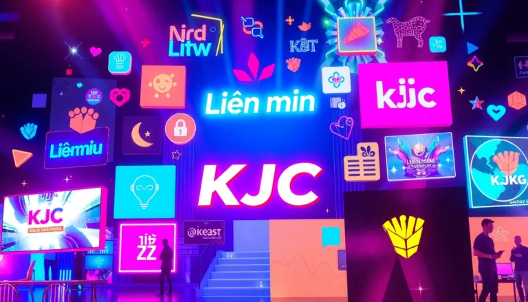Lien minh KJC branding with vibrant graphics symbolizing entertainment and global online