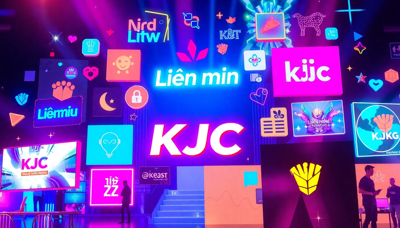 Lien minh KJC branding with vibrant graphics symbolizing entertainment and global online