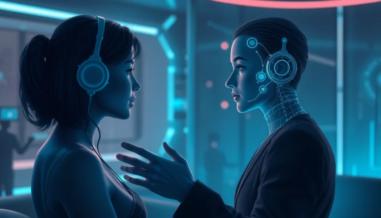 AI sex concept showing a realistic virtual companion engaging on a sleek holographic interface, emphasizing intimacy and futuristic design for adult users.