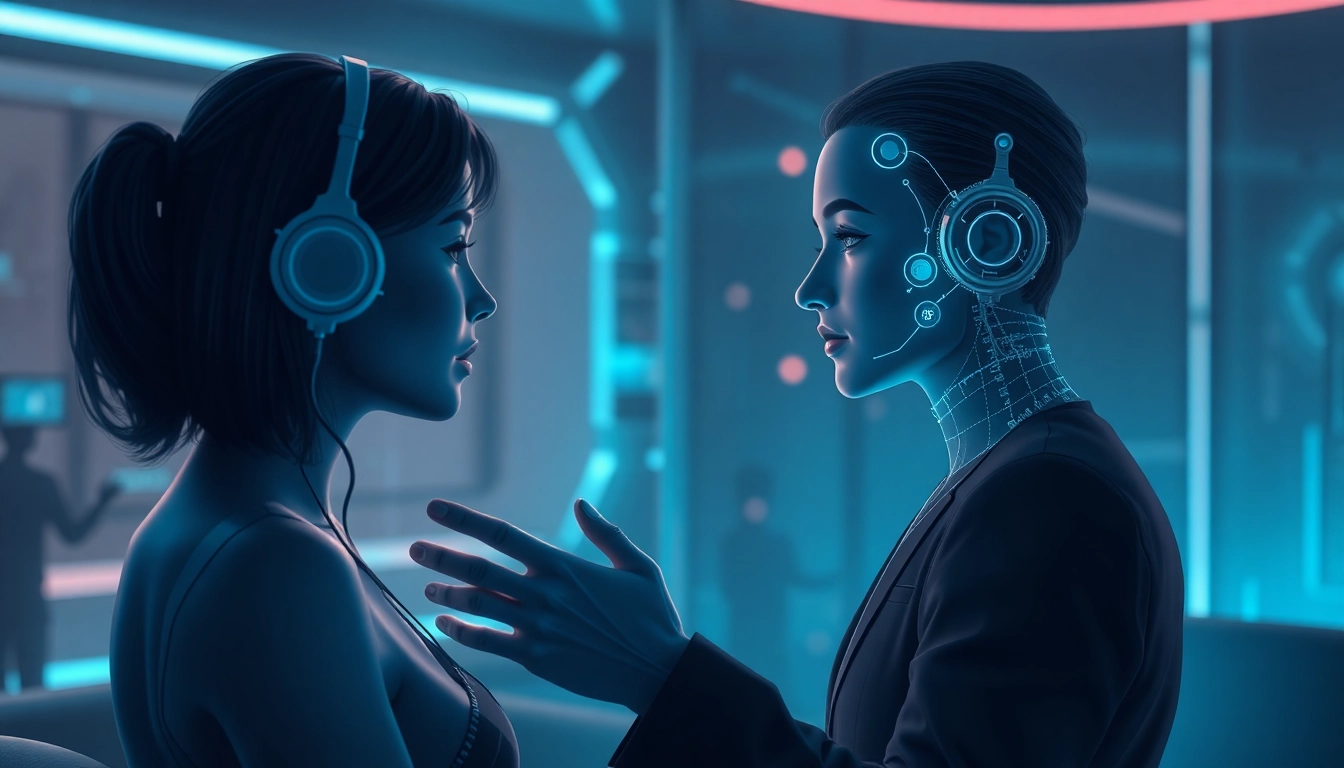 AI sex concept showing a realistic virtual companion engaging on a sleek holographic interface, emphasizing intimacy and futuristic design for adult users.