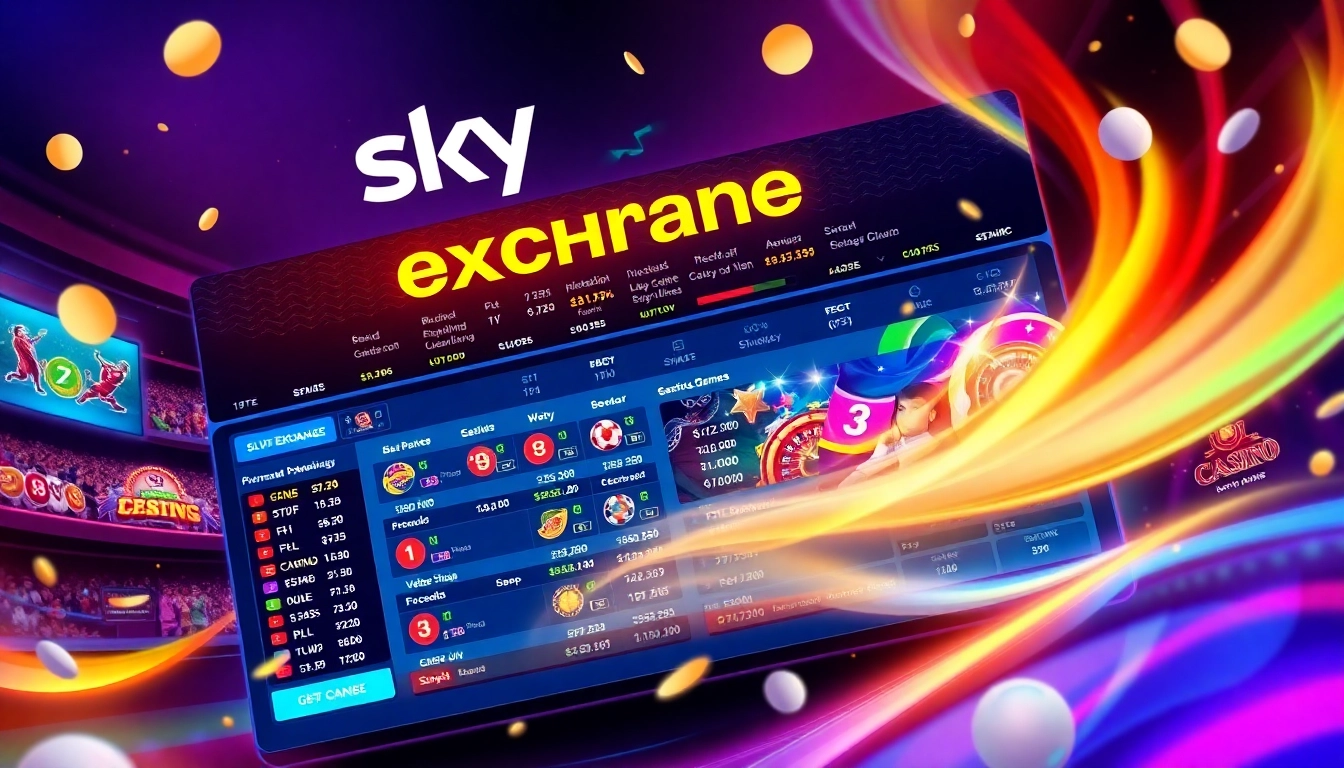 Sky Exchange platform in action showcasing live sports bets and casino games, engaging user interface, and vibrant colors—designed for online betting enthusiasts.