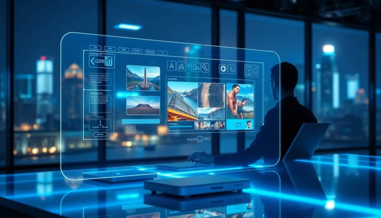 Futuristic digital workspace with holographic image editing interface and a modern user