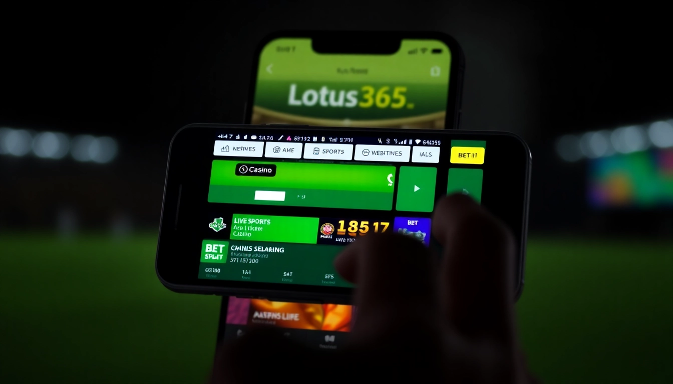 Engaging Lotus365 App interface displaying live cricket and casino betting options on a smartphone screen, designed for Indian bettors seeking quick access.