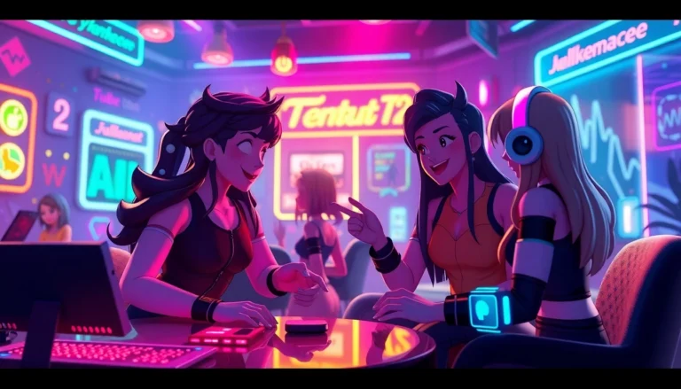 Spicy AI Chat in action with lively characters engaging in uncensored conversations and visual interactions, highlighted by vibrant digital aesthetics.