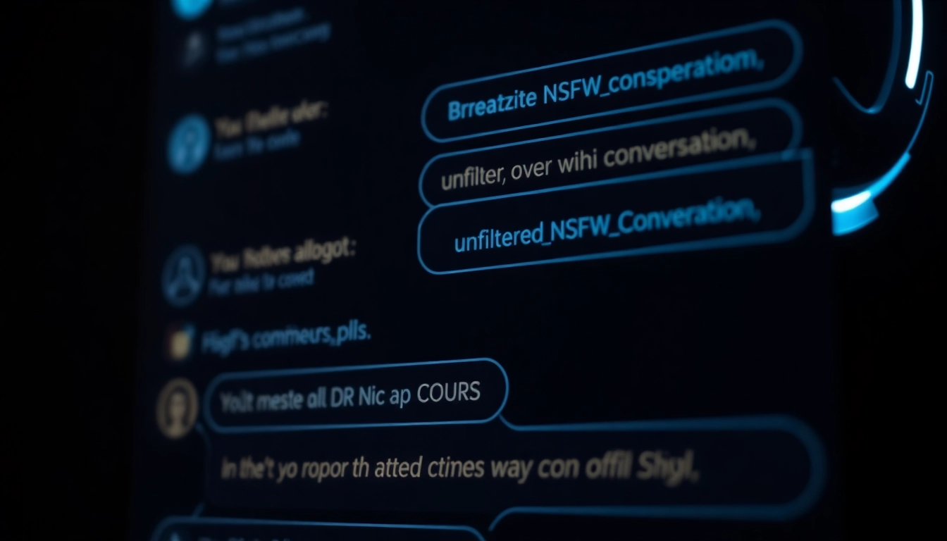 Engaging visual of a nsfw ai chatbot interface with neon lights and unfiltered chat window, emphasizing raw adult AI interactions.