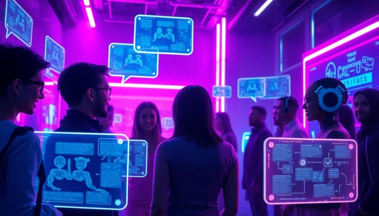 Futuristic digital environment with AI characters engaging in conversation, neon-lit cyberpunk backdrop