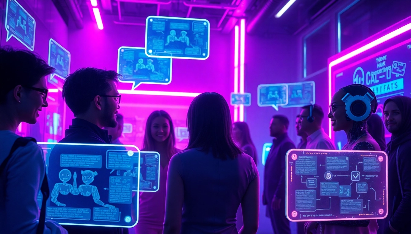 Futuristic digital environment with AI characters engaging in conversation, neon-lit cyberpunk backdrop