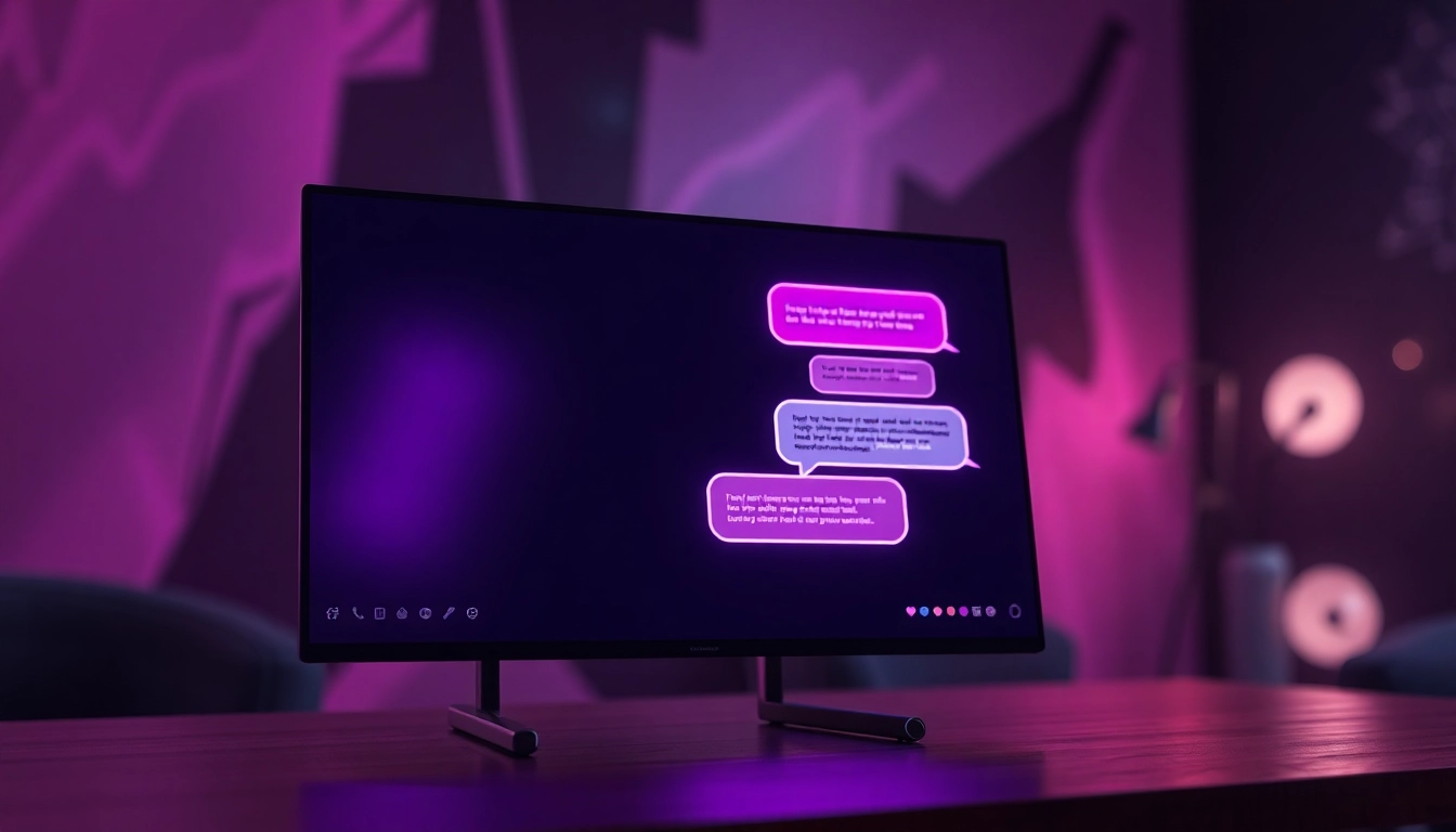 Futuristic chat interface with glowing speech bubbles in a high-tech, intimate setting.