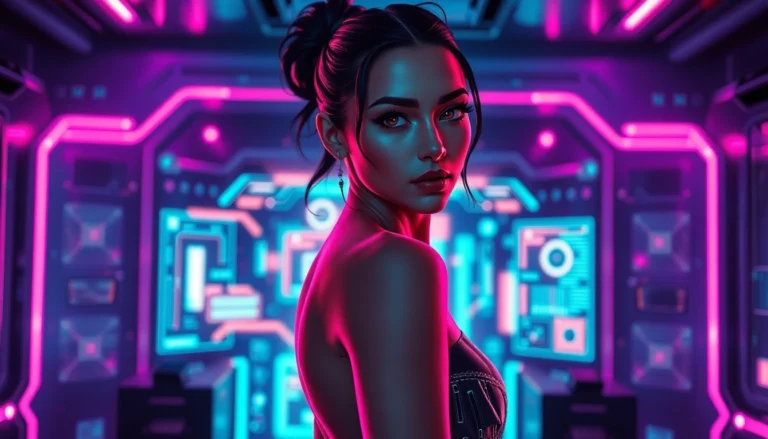 Futuristic AI character in a neon-lit digital environment, exuding sensuality and sophistication.