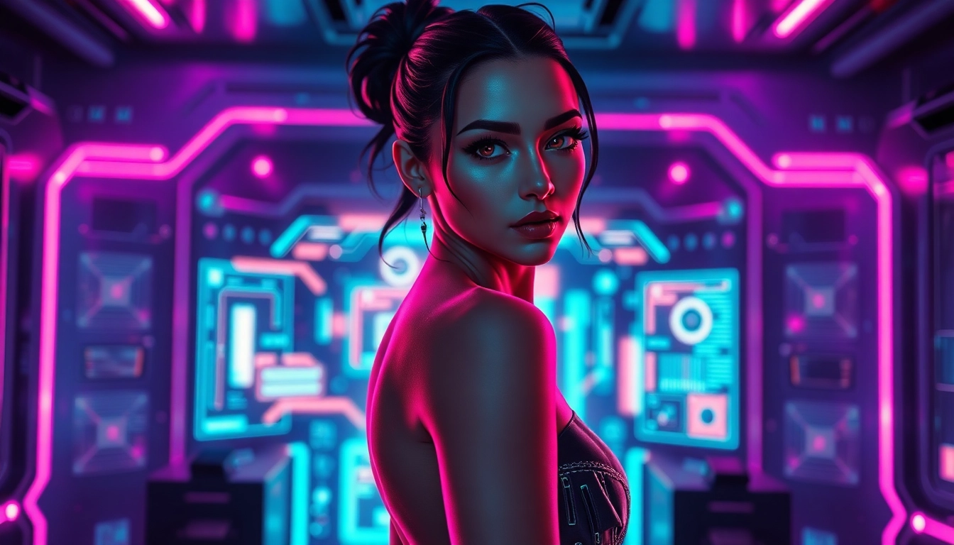Futuristic AI character in a neon-lit digital environment, exuding sensuality and sophistication.