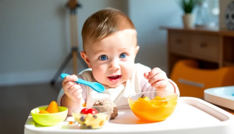 Baby weaning foods served in colorful silicone bowls with utensils, promoting healthy nutrition