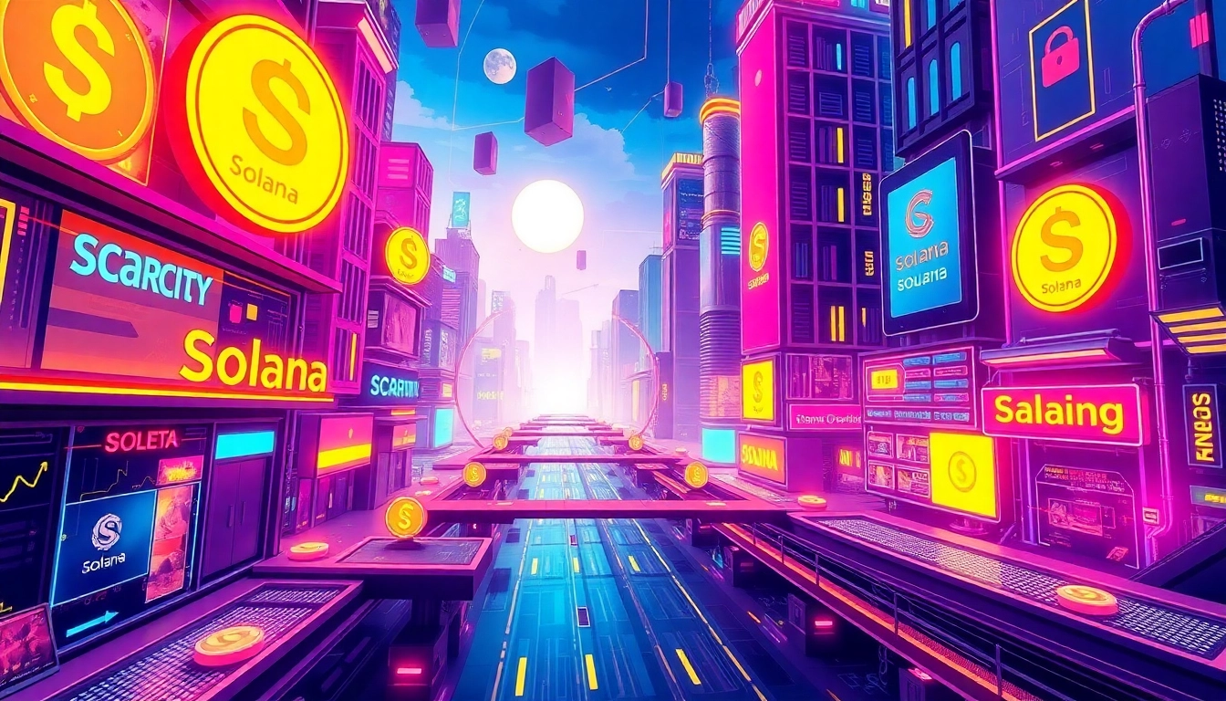 Engaging graphic of Solana Scarcity Token symbol in vibrant crypto landscape with futuristic
