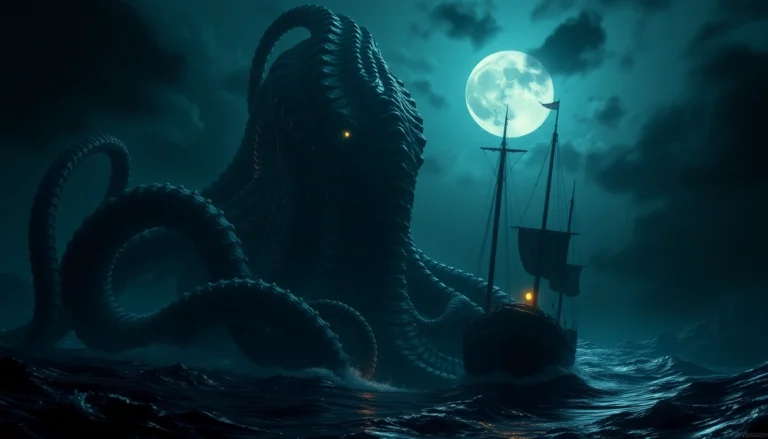 The legendary emerges from the ocean depths with glowing eyes and massive tentacles crushing a