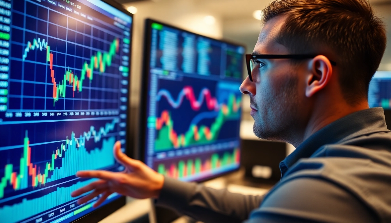 Trading view financial charts being analyzed by a professional trader in a modern office