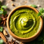 Fresh Green Masala Paste in a bowl with herbs and spices, highlighting quality and taste appeal