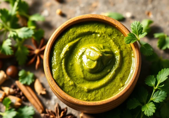 Fresh Green Masala Paste in a bowl with herbs and spices, highlighting quality and taste appeal